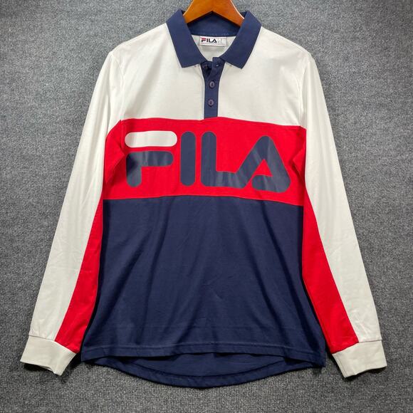 Fila Henley Shirt Men's Medium Red/White/Blue Colorblock Logo Spellout Casual - Picture 1 of 11